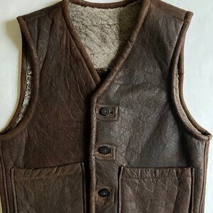 Men's Vintage Sleeveless Button Front Brown Leather Sherpa Lined Vest Western